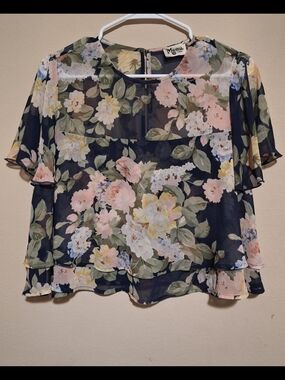 Show Me Your MuMu Navy Floral Layered Chiffon Blouse